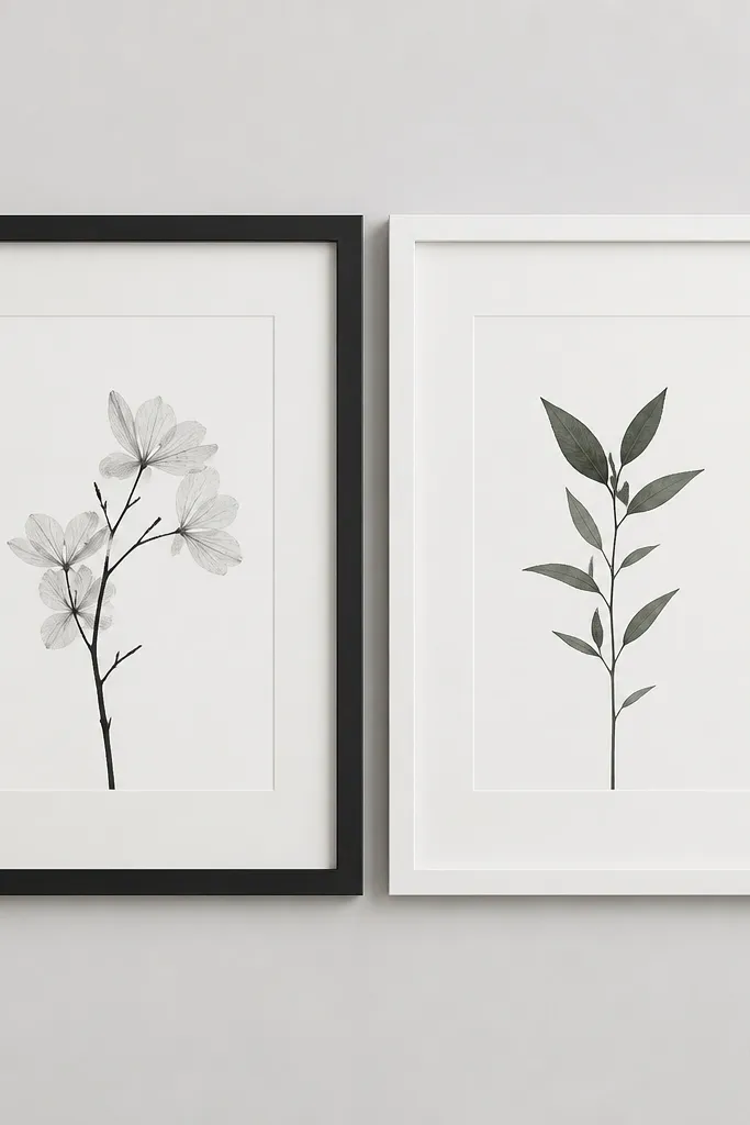 Two matching frames side by side: one matte black on the left, one white on the right. Inside each frame, a card sits centered with a clean border. The wall behind is light gray, and the frames align perfectly.