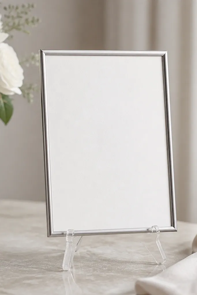 A thin silver frame holding a white card with black text. The frame sits on a clear acrylic easel, making it look like a floating display on the table.