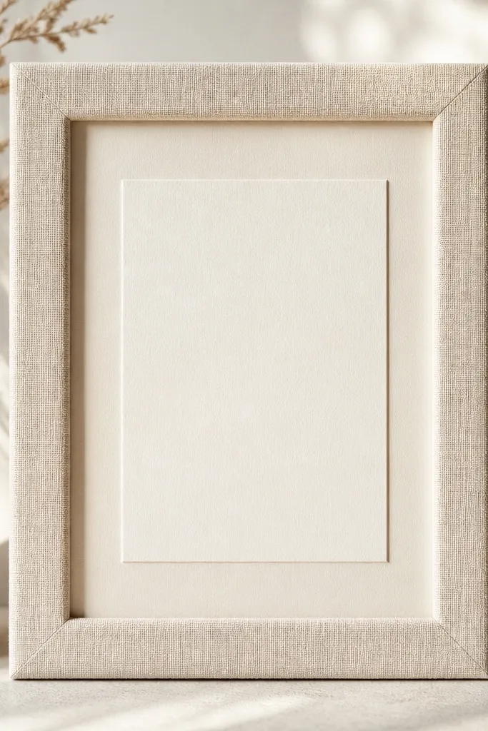 A frame whose outer border is wrapped in cream linen fabric. The inside holds a card on a cream mat, with soft texture visible around the edges. The linen has a natural weave and catches light gently.