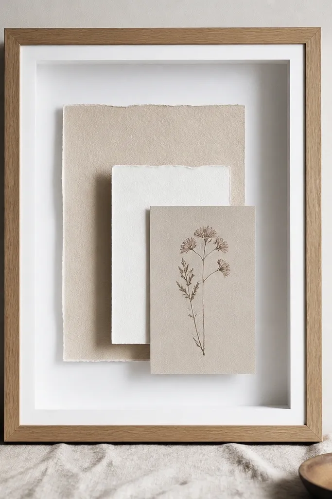 A shadow box frame with oak sides and a white inner frame border. Inside, cards sit on a white base with a few layers spaced evenly. The depth makes the paper look like it's floating.