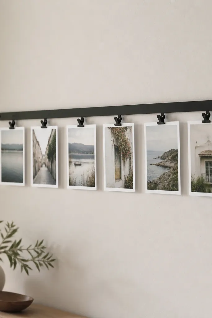A narrow black rail mounted horizontally on a wall. Cards hang from small black clips, aligned in a neat row. Each card has a white border and hangs at consistent height.