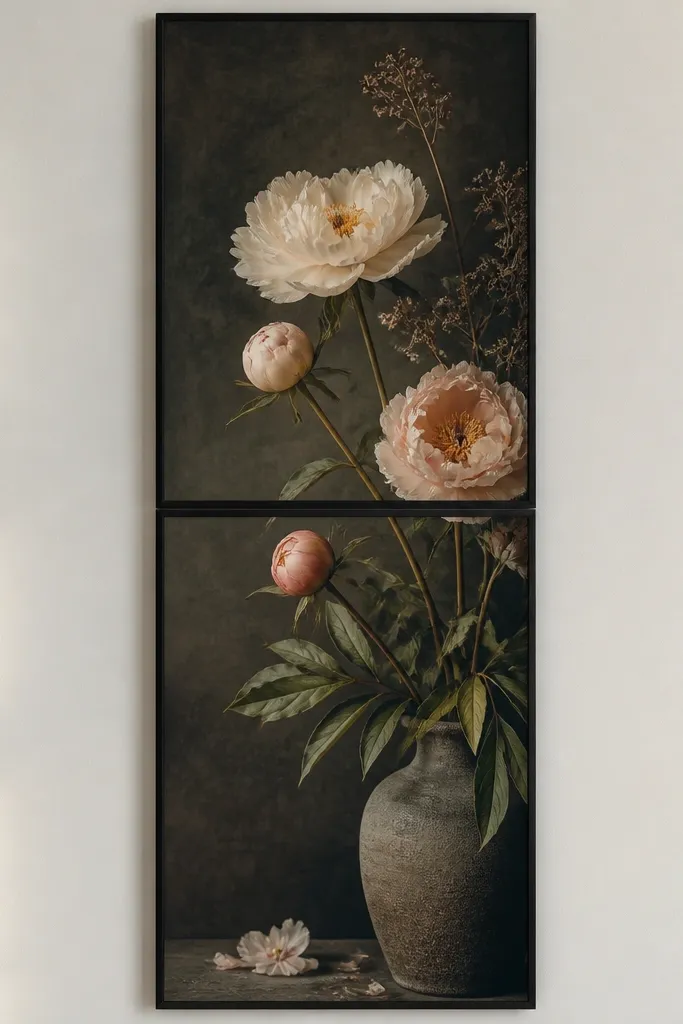Two tall frames stacked vertically with matching slim black borders. The cards align so the display looks like one long column. A continuous dark backing makes the cards look part of one composition.
