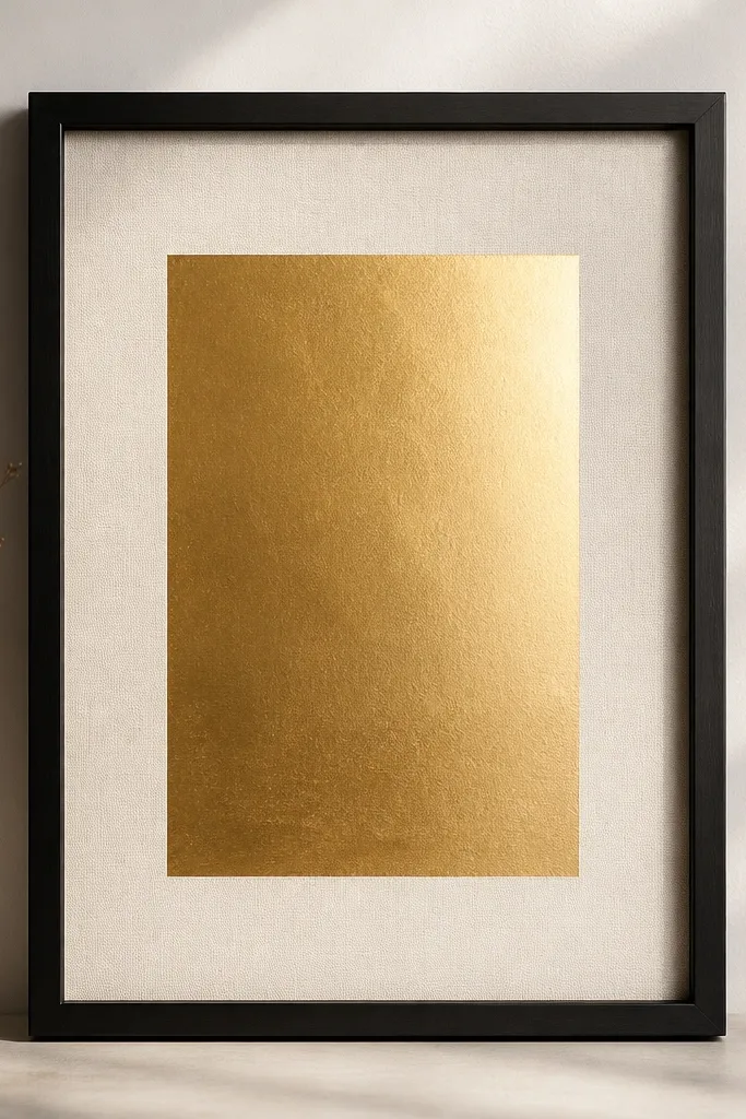A matte black frame with a textured linen mat inside. A gold foil card sits centered, catching light softly. The card edges are crisp and the linen texture is visible around the card border.