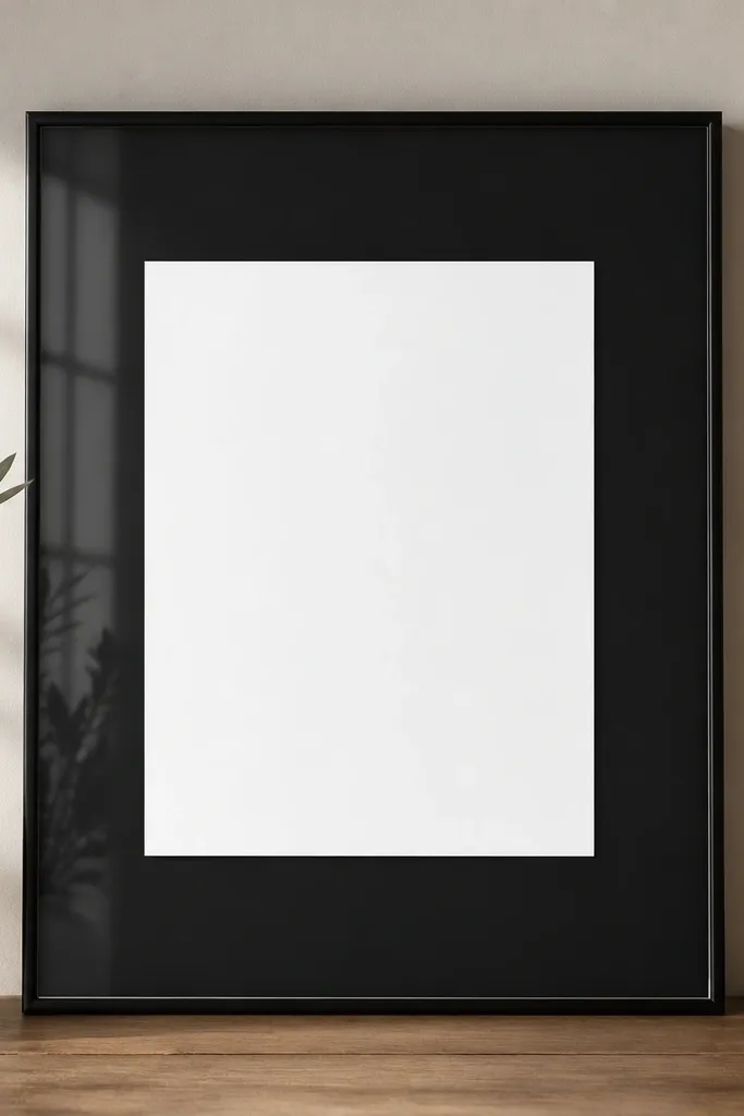 A simple clear-front frame with minimal trim. Inside, a black paper backing fills most of the background. A white card sits centered, with crisp edges and strong contrast.