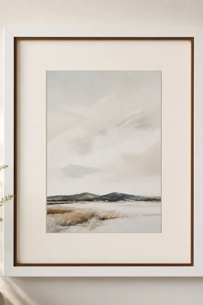 A white outer frame with a thin walnut strip inside the border. A card sits centered on a light mat, and the walnut line is visible as a narrow accent around the mat.