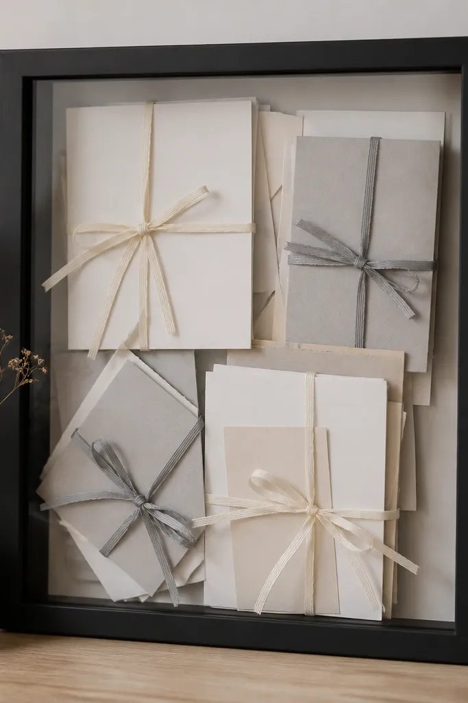 A matte black frame with a clear front. Inside, cards are stacked with small neutral ribbons tied around them, visible through the glass. The ribbons are thin and in cream and gray.