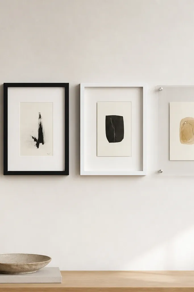 A small gallery cluster with three types of frames: one matte black, one white floating frame, and one clear acrylic frame. Each holds a card with consistent spacing and aligned top margins. The wall is light and uncluttered.
