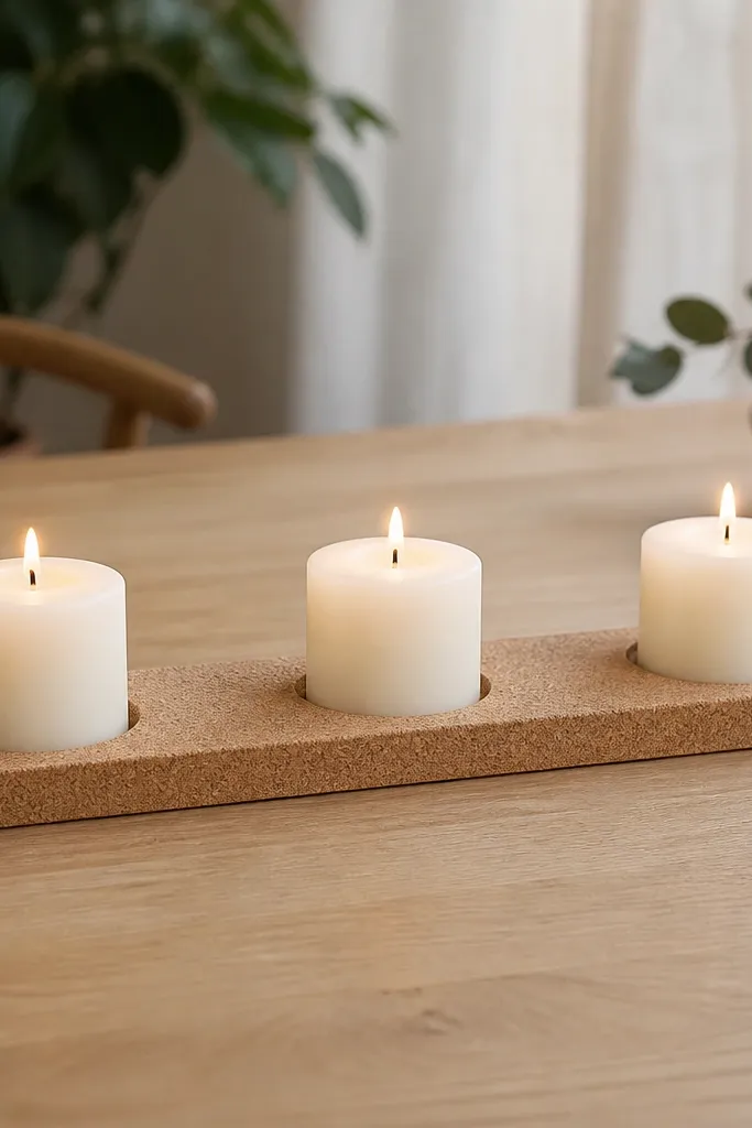 A long strip of matte cork laid horizontally across a table, holding three short white pillar candles spaced evenly; the cork edges are cleanly trimmed and the candles sit in shallow cork cutouts.