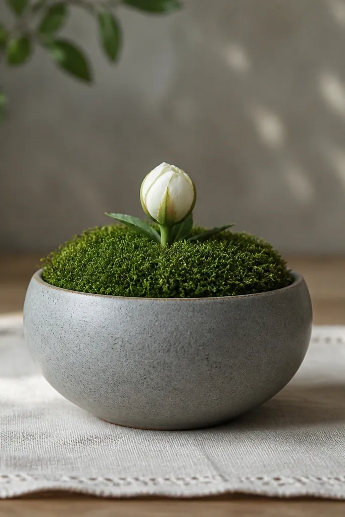 A small gray stoneware planter holding a neat mound of faux moss with a single white bud flower centered; the planter sits on a linen placemat with a calm, matte look.