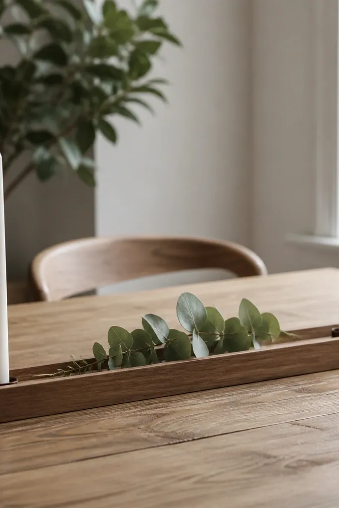 A narrow wooden tray set lengthwise on a table, with two white taper candles at opposite ends and a small eucalyptus sprig in the middle; the tray has clean grain and matte finish.