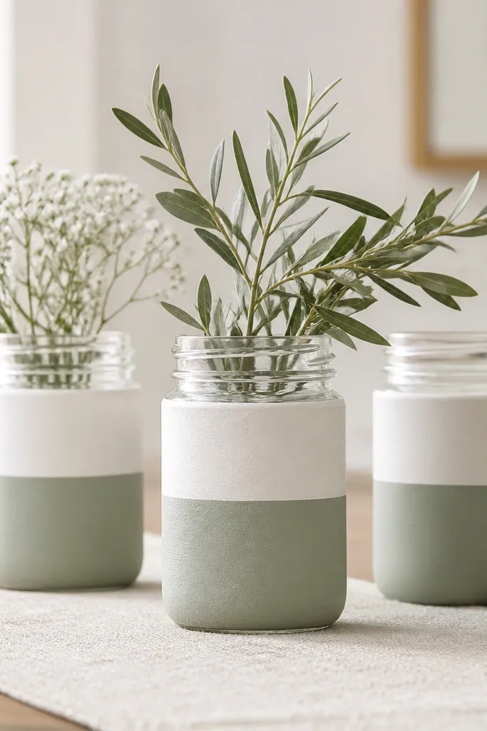 Small clear glass jars painted with two-color matte blocks in soft white and dusty sage, with the paint stopping cleanly at a tape line; jars sit on a neutral runner.