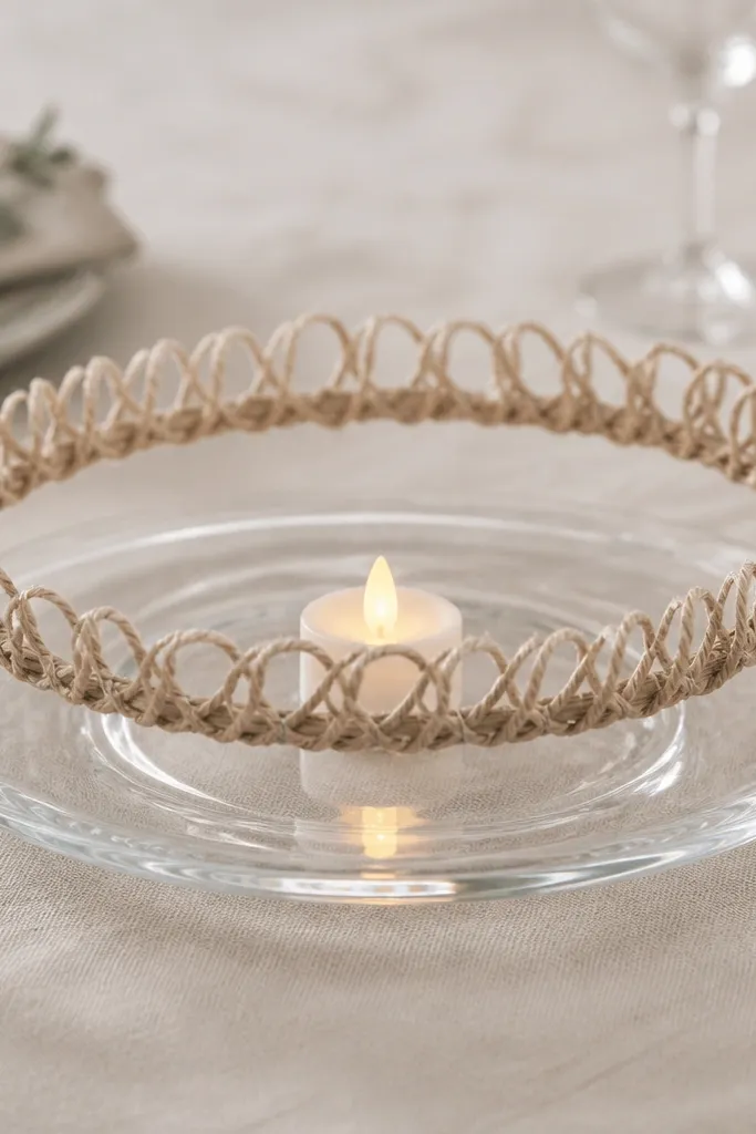 A clear glass charger with a small LED candle centered, surrounded by a ring of beige cotton twine loops held by thin wire; the ring floats slightly above the charger.