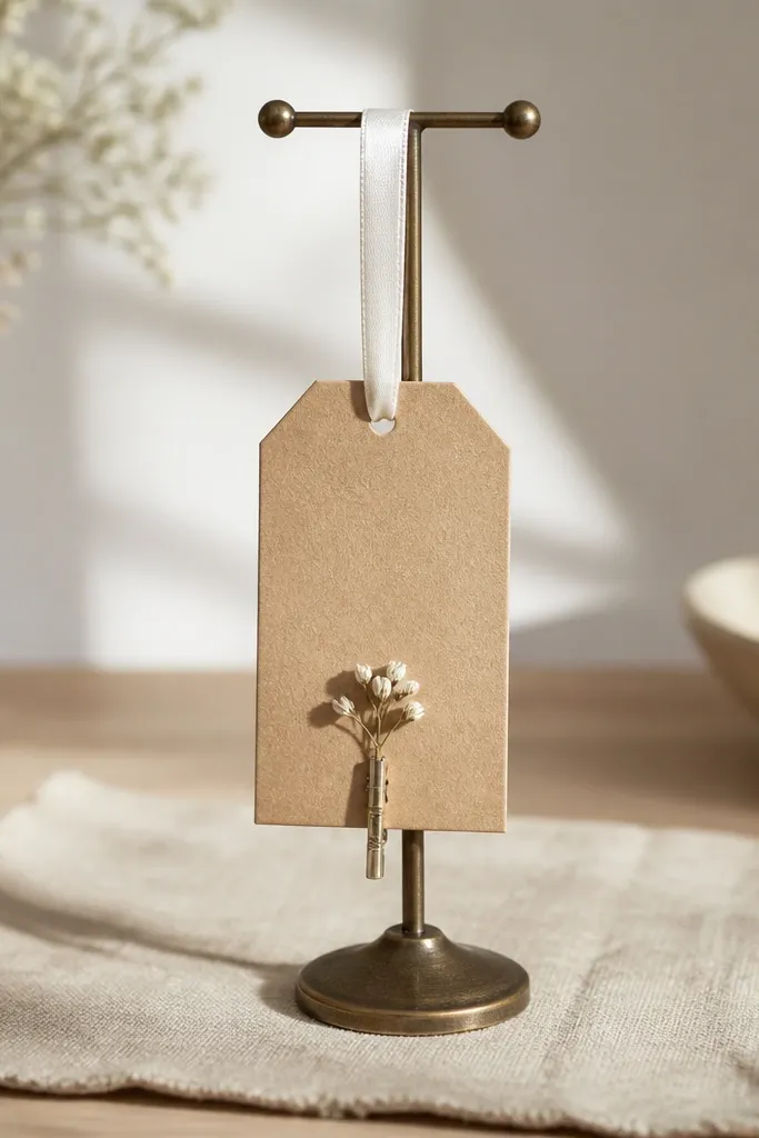 A small tabletop stand holding a blank kraft tag with a single white satin ribbon, with one tiny sprig clipped at the tag bottom; the stand sits on a linen square.