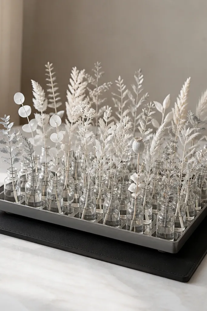 A grid of small bottles or vials arranged in a rectangular matrix, each holding a single white or pale gray stem; the grid sits on a tray with a thin black placemat underneath.