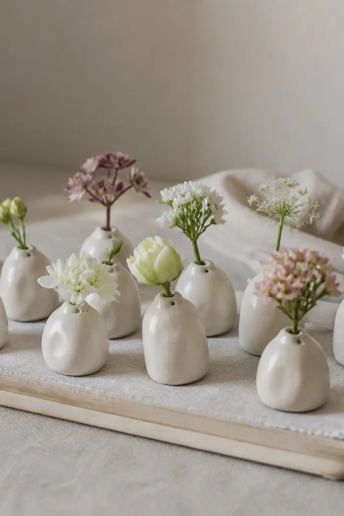 Small matte white clay cups shaped by hand, each with a tiny hole holding a single bud stem; all sit on a rectangular tray lined with soft linen.