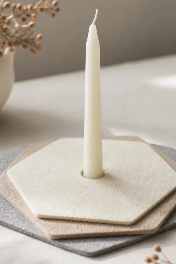 A set of layered geometric felt coasters in off-white, sand, and light gray, arranged in a hexagon shape, with a taper candle centered in a small cutout.