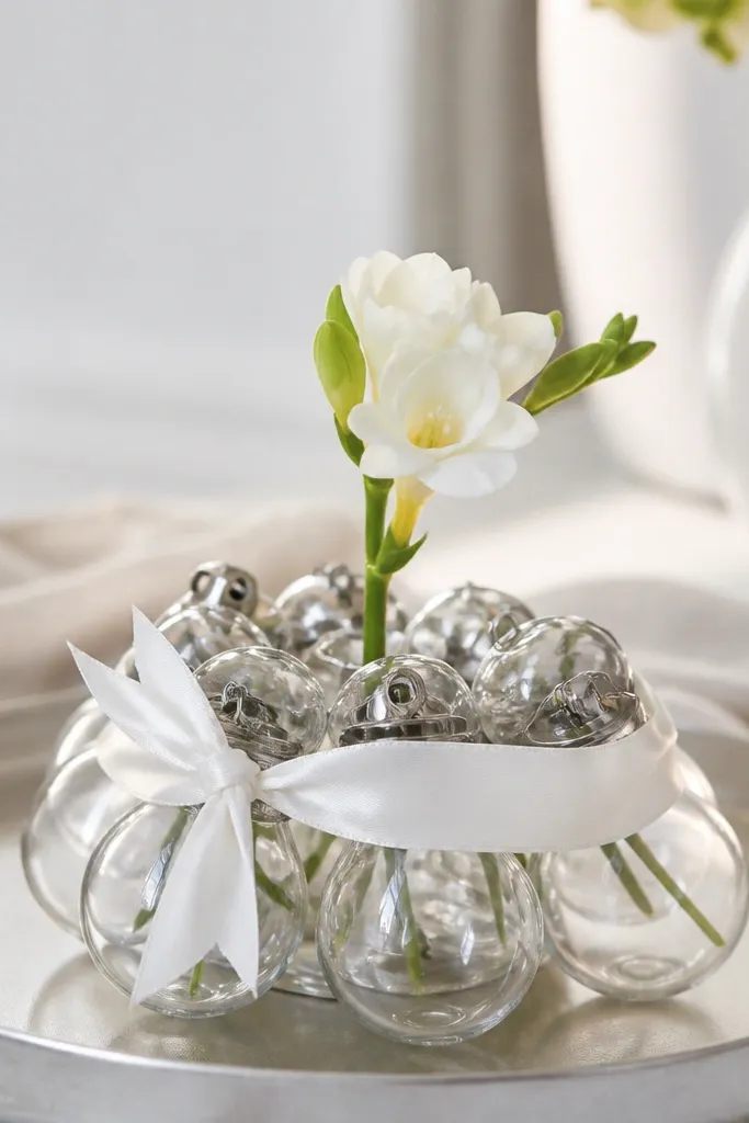 Small clear glass bulbs or ornament vials tied together with a single white ribbon band, clustered on a tray, with one short white flower stem emerging from the center.