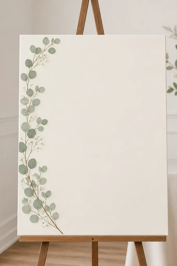 A freestanding ivory welcome sign on a slim wooden easel. A clean eucalyptus line runs along the left edge with small pale green leaves and a few tiny white blossoms, leaving the center fully clear for text. The typography is black, simple, and centered.