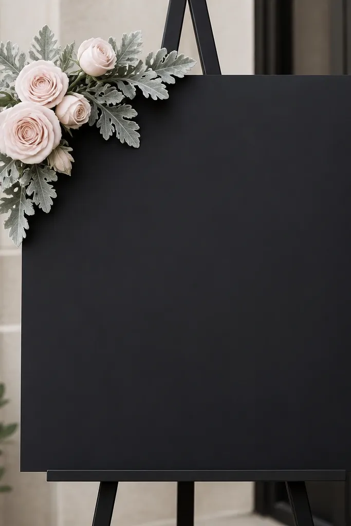 A matte black acrylic welcome sign on a stand. In the upper left corner sits a micro-cluster of blush pink roses with a few dusty miller leaves. White lettering is centered and crisp, with lots of empty space around it.