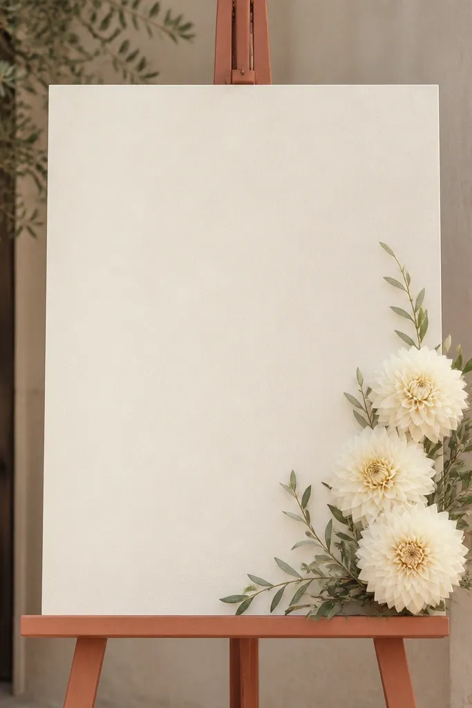 A cream-colored welcome sign on a terracotta-colored easel. On the right side there's a small cluster of cream dahlias with soft green leaves. The text is dark brown and centered, with a lot of breathing room around the florals.