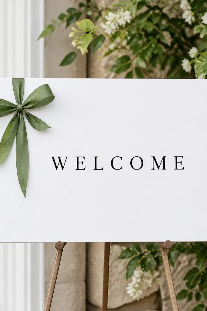 A white welcome sign with a small bow made from greenery ribbon on the left side. The bow is made from flat, leafy material, with two short tails. The text is centered and black.