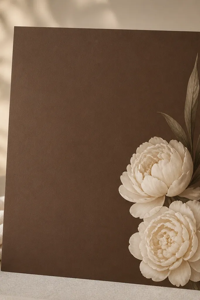 A mocha-brown welcome sign printed on thick paper. Two cream peony blooms sit on the right side, with a single long leaf accent extending slightly upward. The typography is a lighter brown or cream.