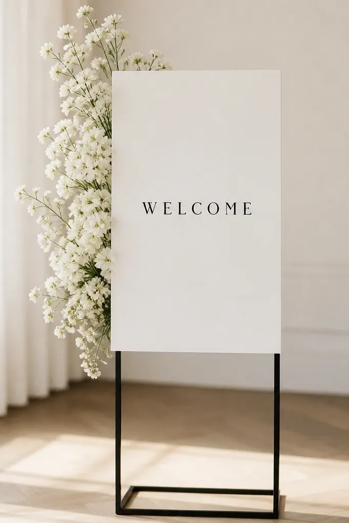 A slim, modern welcome sign on a stand with a single monochrome white spray cluster attached behind it. The flowers look like small sprays with no visible foam. The text is black and centered.