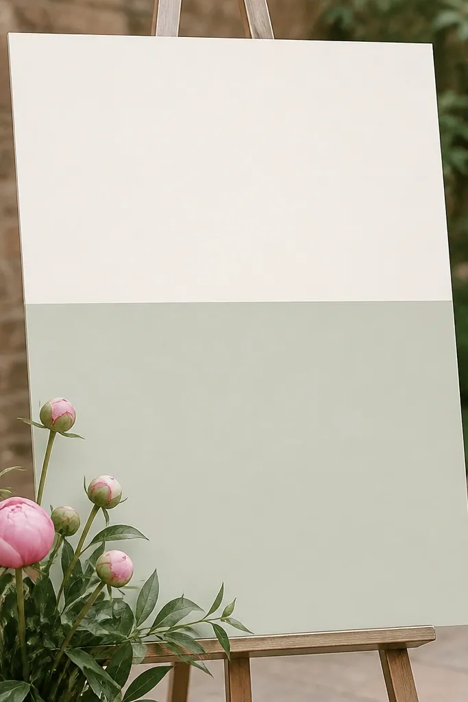 A two-tone sign: top section is off-white, bottom section is pale sage. Small pink peony buds sit along the lower left edge. The main welcome text is sage green and the names are in a darker neutral tone.