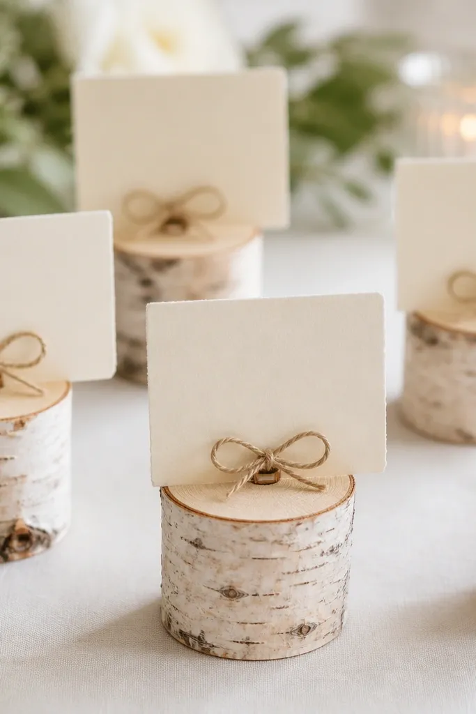 Short birch log slices used as name card holders, each log slice showing pale bark; small cream place cards are clipped with tiny twine bows.