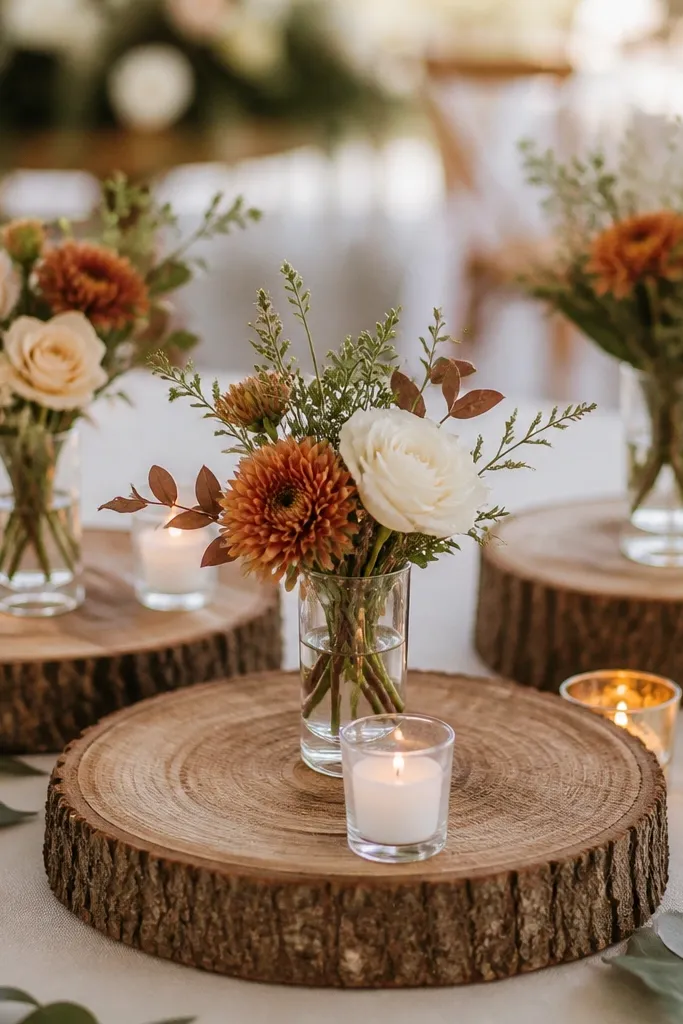 Reclaimed wood slice rounds laid on a table, each holding a small bud vase with cream and rust-toned flowers, with a few candles between slices.