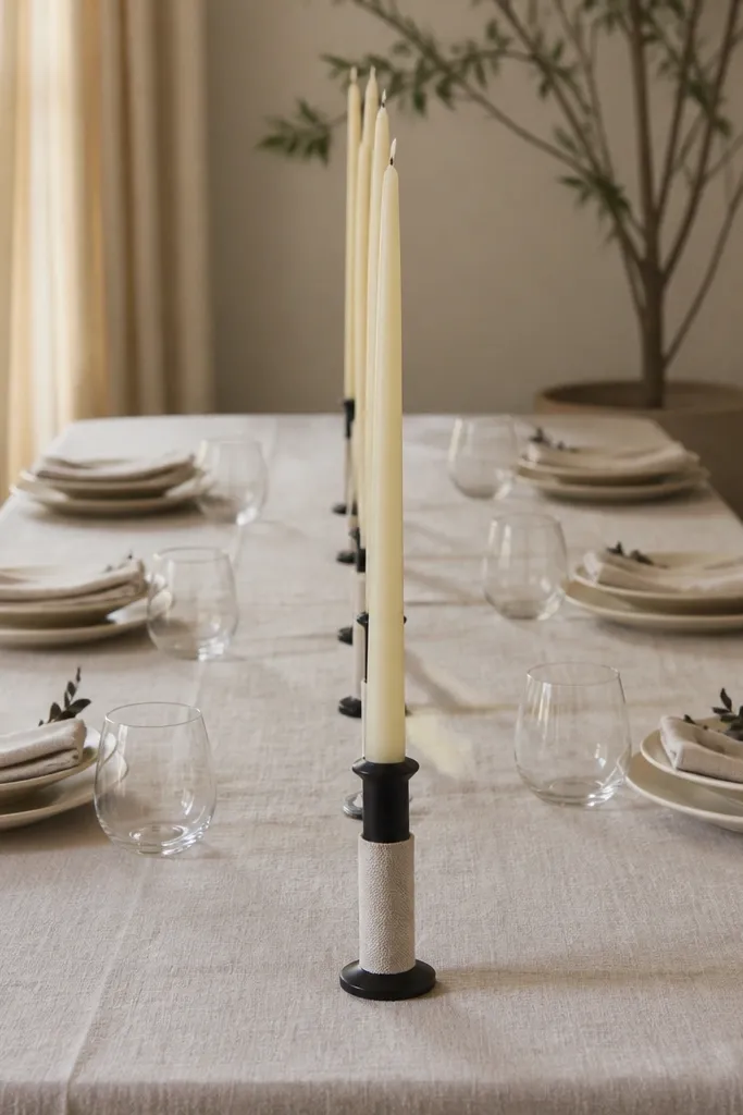 Cream taper candles in black holders, each holder wrapped with a narrow cream linen sleeve; the candles are arranged in a straight line down the center.
