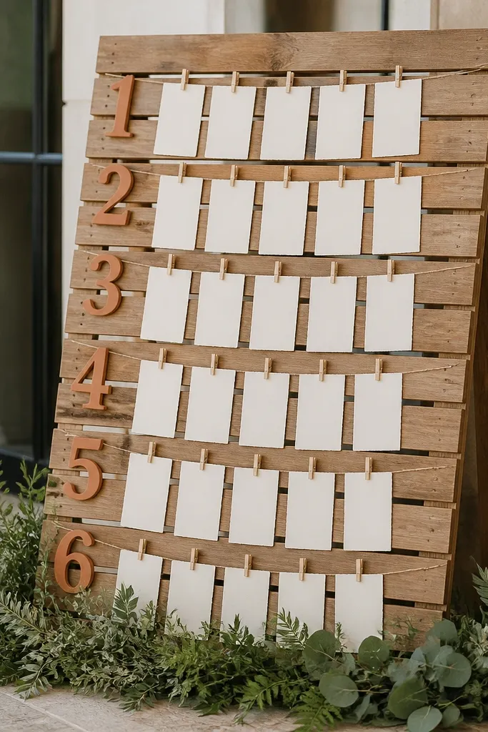 A slatted wood escort card stand with terracotta numbers and cream cards clipped with clothespins; greenery sits at the base.