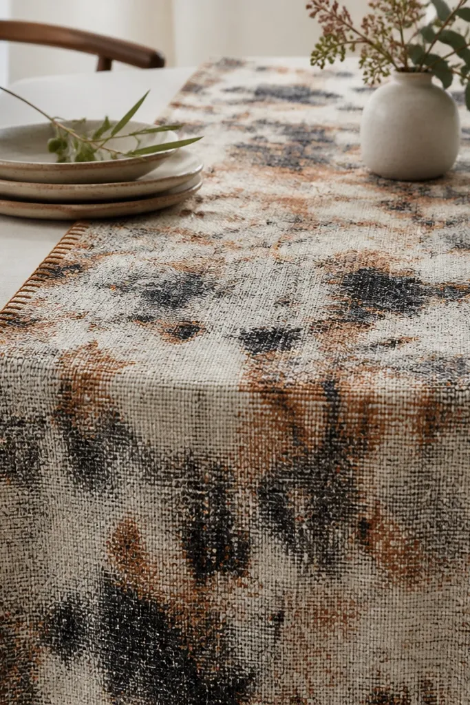 A calico-style table runner with visible woven texture and rust-colored stitching along the edges, laid over a plain tablecloth.