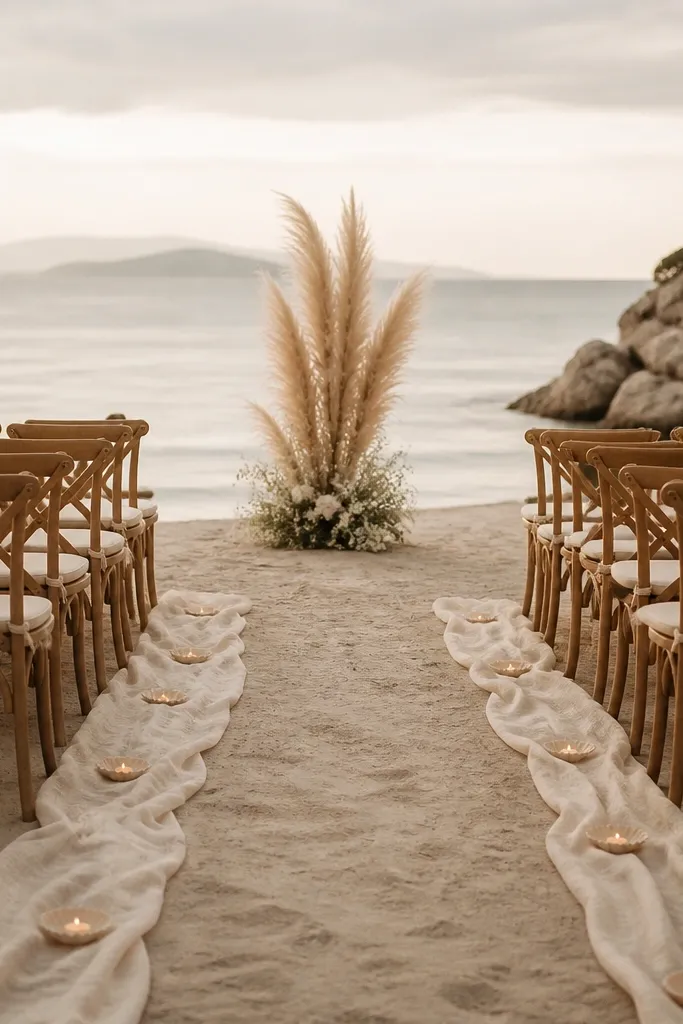 A narrow beach aisle marked by two rows of loose champagne-colored linen runners, with one tall cream plume arrangement at the far end and small seashell candles along the edges.