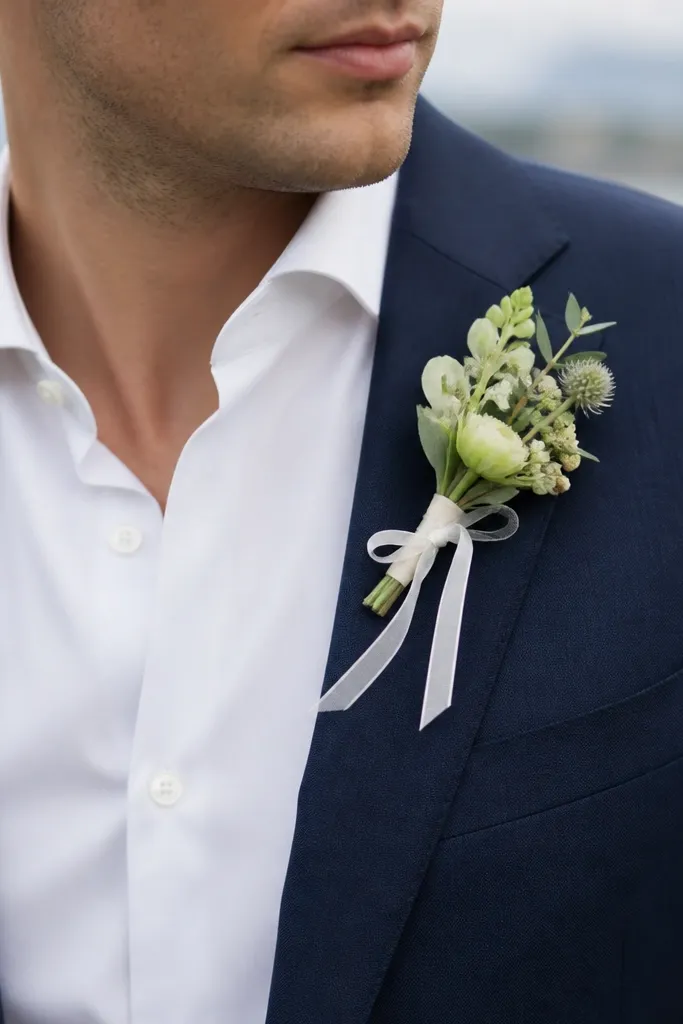 A close-up of a groom in a navy lightweight suit jacket, white shirt, and a boutonniere made from pale green, sea-glass-toned mini blooms with a thin white ribbon.