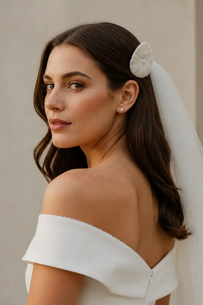 A bride wearing an off-shoulder ivory crepe dress with a minimal raw-edge shell hair clip near the temple, plus small pearl studs and a short veil pinned back.