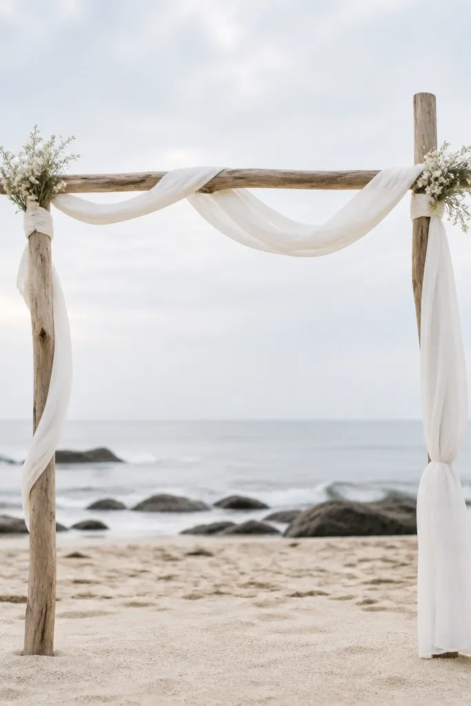A simple beach ceremony arch built from two driftwood poles and a crossbar, wrapped with white linen ties and a few small white blossoms tied at the top.