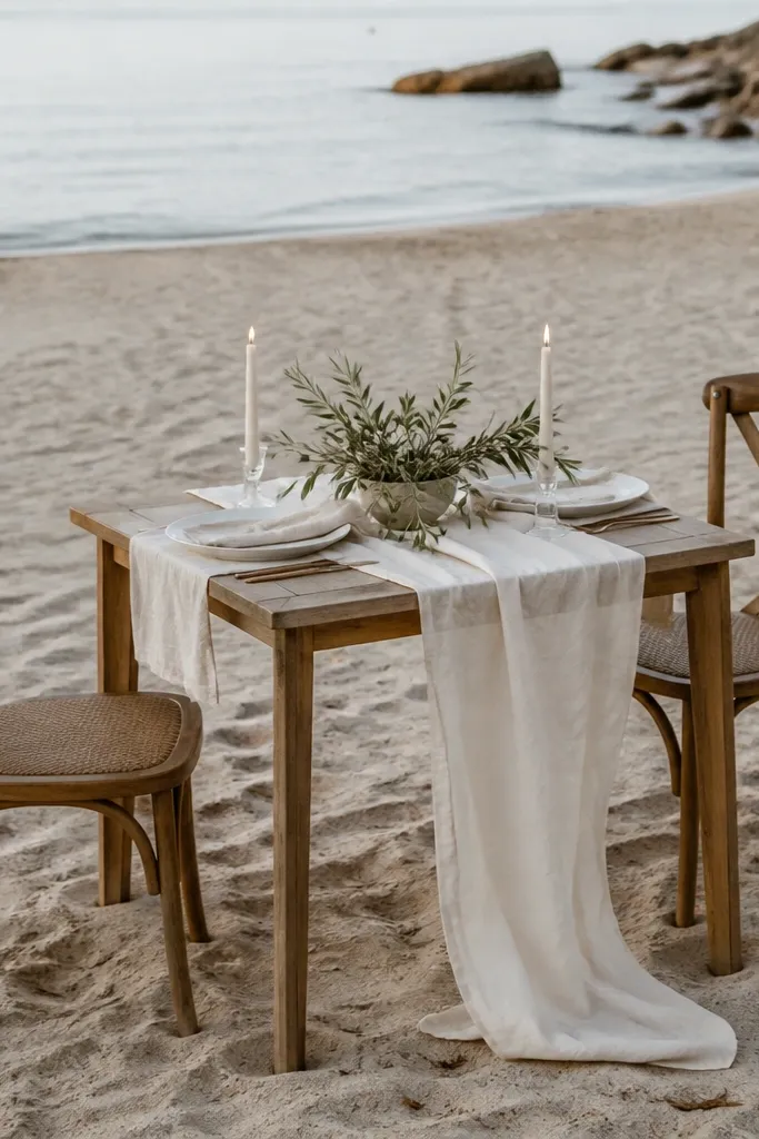 A small two-person table on sand with a white linen runner, olive branches in a low vessel, simple white plates, and a slim candle pair in glass holders.