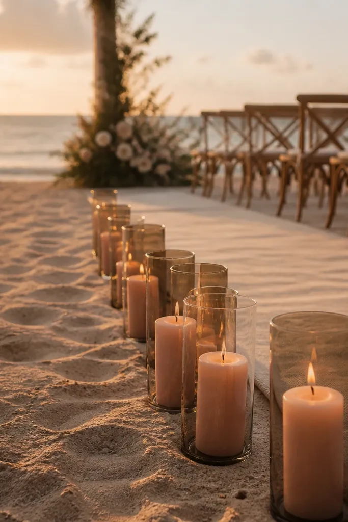 A beach ceremony scene at golden hour with a row of blush pillar candles inside smoked glass cylinders, placed along the edge of a linen aisle.