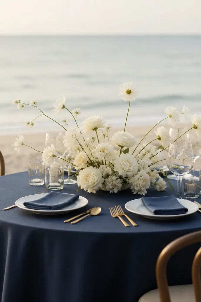 A small reception table with soft navy tablecloth, white floral stems arranged low, and small gold cutlery accents in a beach setting.