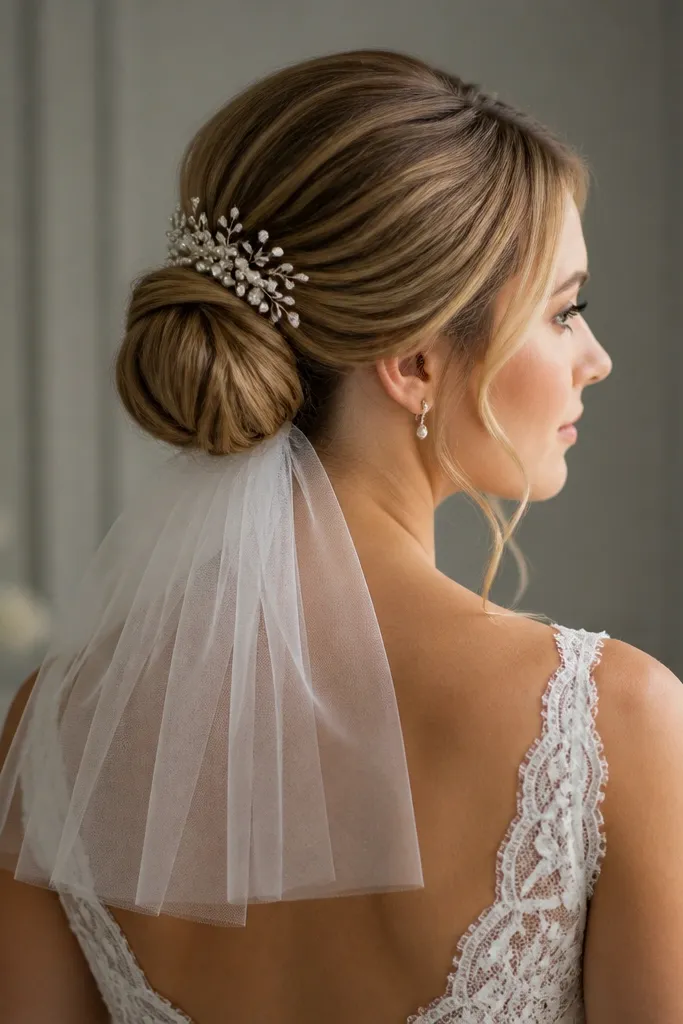 A bridal hairstyle showing a low bun with a pearl comb pinned near the crown and a short veil that ends above the shoulders.