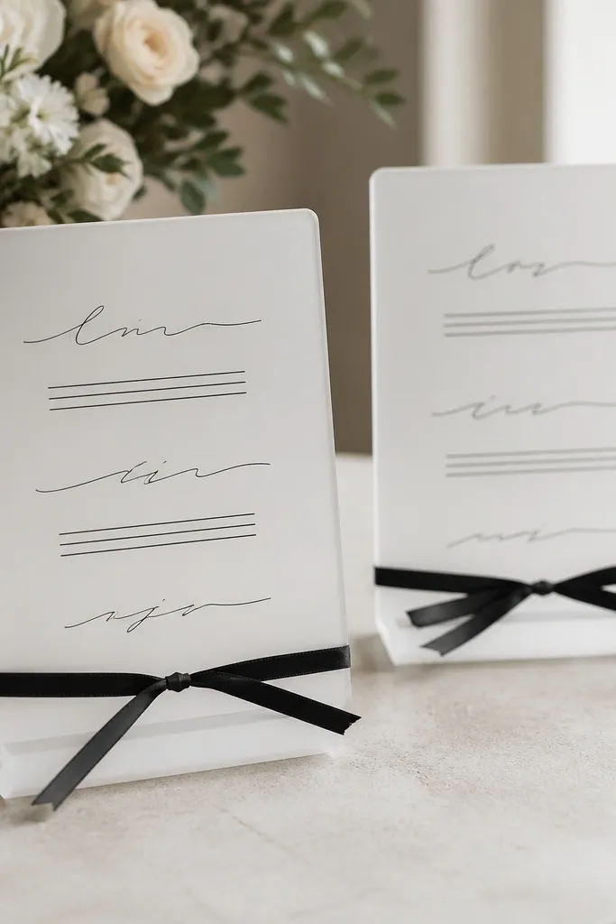 Close-up of frosted white acrylic menu cards on a small reception table, with black handwritten-style typography and a thin black ribbon tied around each stand.