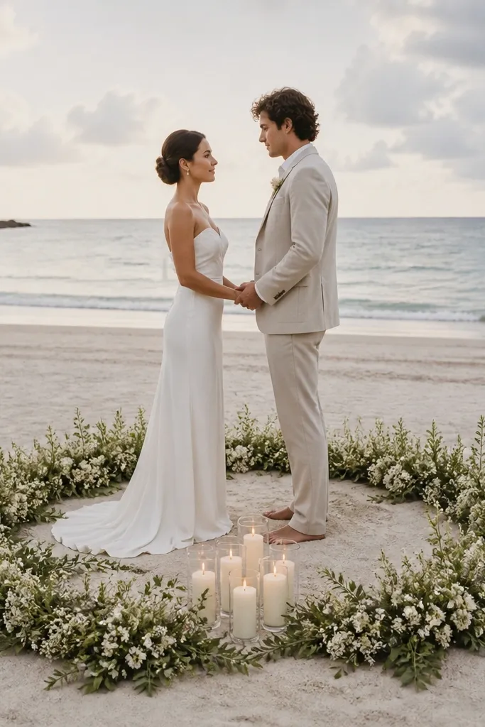 A ground circle made of low white flowers and greenery around a small candle cluster, with the couple centered for vow photos on sand.
