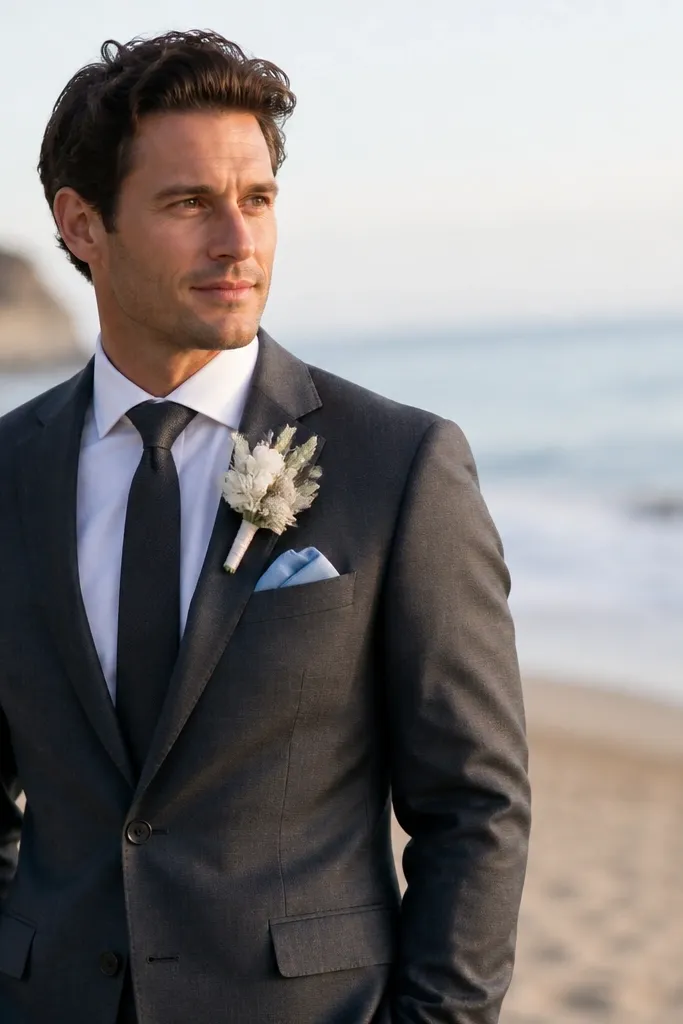 A groom in a charcoal suit with a light blue pocket square, wearing a boutonniere with pale cream flowers and silvery foliage against a beach background.