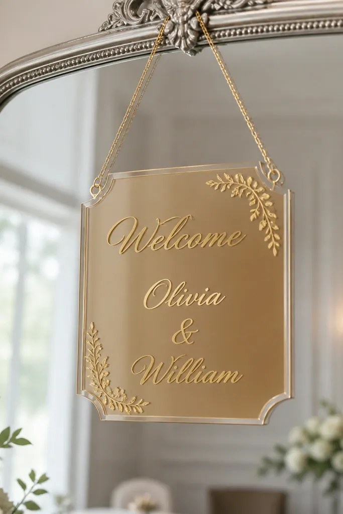 A silver-framed mirror with a gold foil acrylic plaque centered, showing 'Welcome' and two names engraved-looking in gold, with a thin gold chain holding it to the mirror.