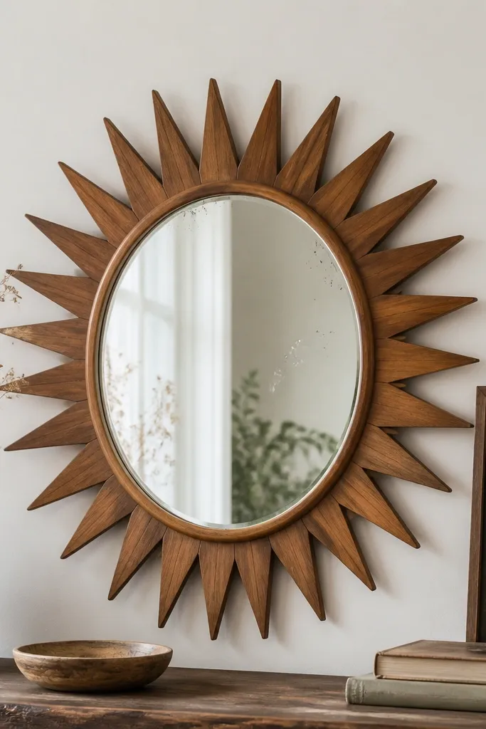 A thrifted mirror with minor wear marks, framed by a sunburst wooden pattern behind it, with chalk-style lettering in dark charcoal and a small date line.