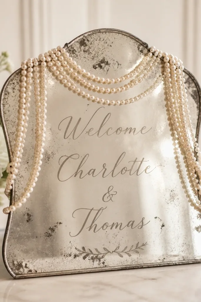 A small mercury glass mirror with vintage script 'Welcome' and names, plus pearl strands draped in gentle loops along the top and sides.