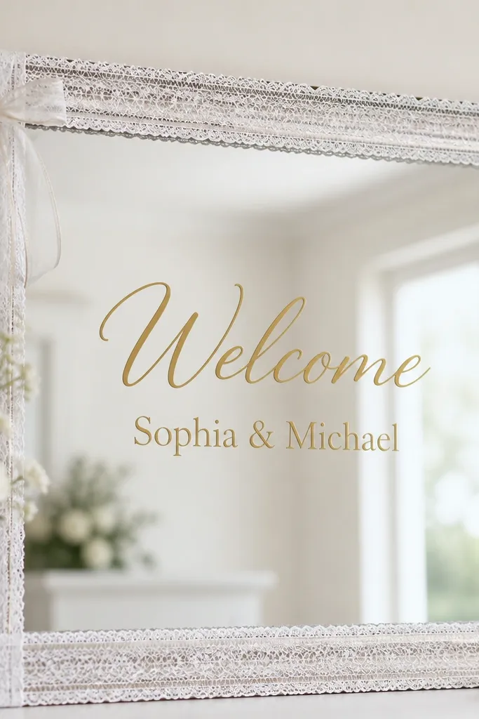 A rectangular mirror framed with white lace ribbon strips, and 'Welcome' plus names in soft gold vinyl placed in the center.