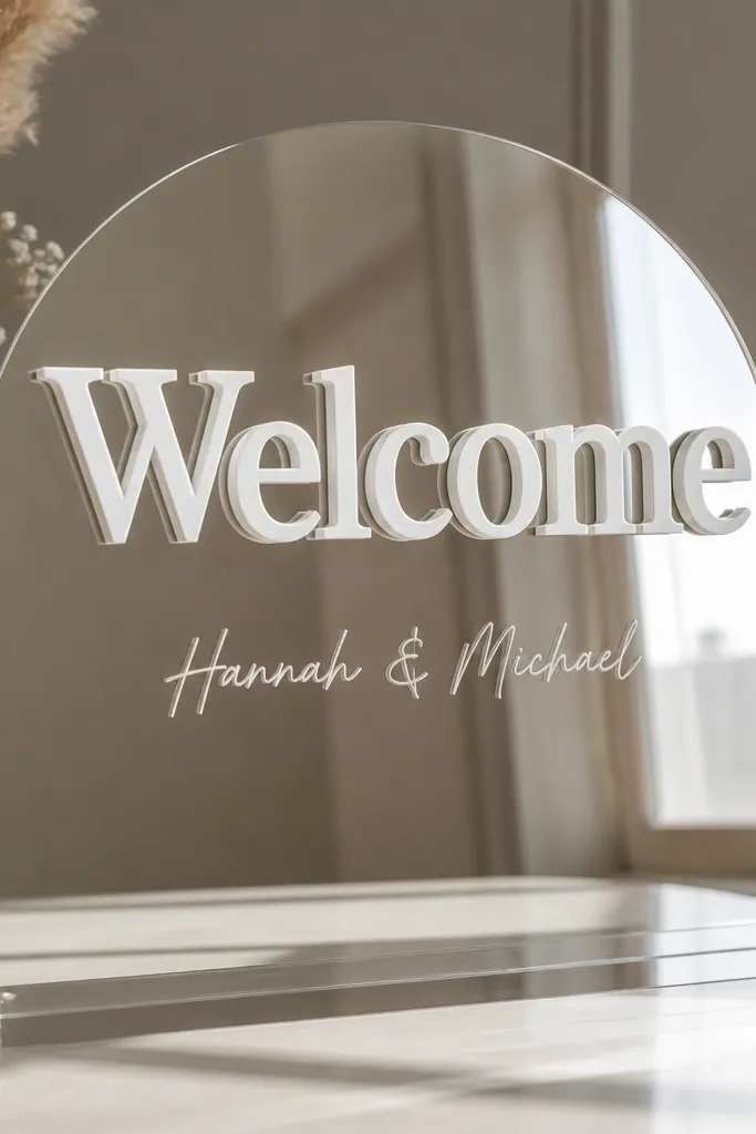 A mirror with raised 3D acrylic letters spelling 'Welcome' in white, with names below in a smaller vinyl script, and a clear acrylic base showing depth.