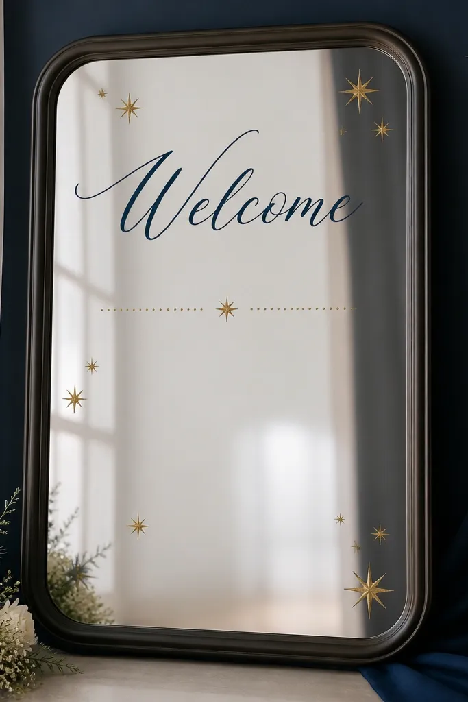 A dark-framed mirror with navy background behind it, gold star decals, and a 'Welcome' line in navy script, with names connected by a thin gold dotted line.